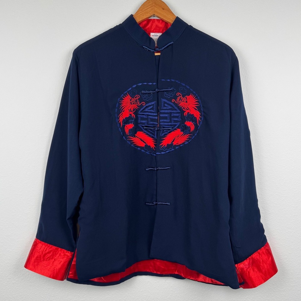 Kevin-T Silk Dragon Jacket Mens M Navy Red Excellent Traditional Frog Button